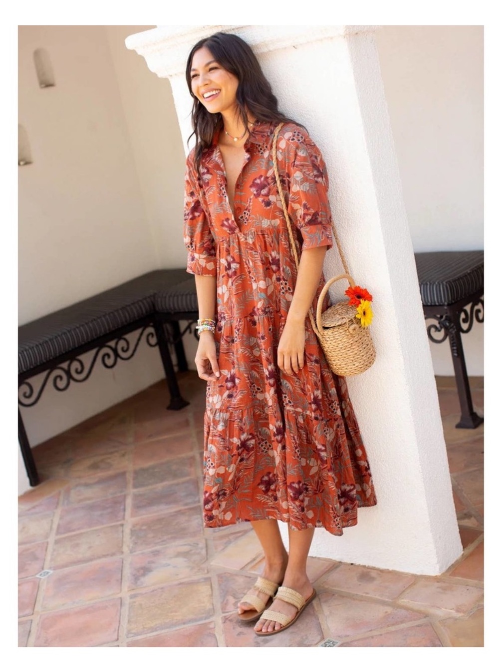 Natural Life Rebecca Tiered Midi Dress in Rust / Orange Sz Large NWOT